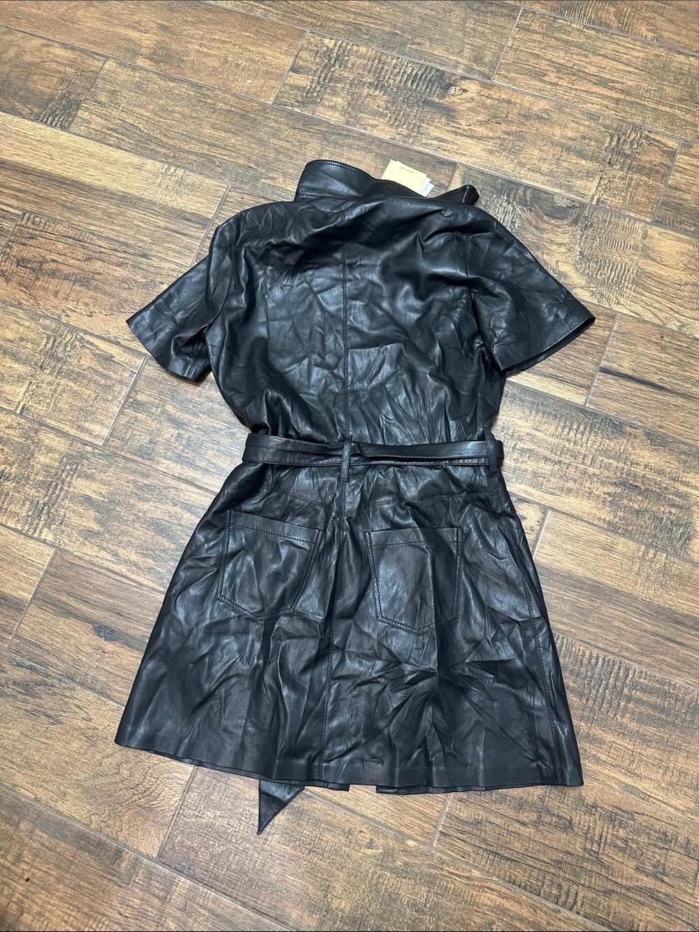 Nanushka Black Leather Short-Sleeve Trench Coat with Belt - Picture 9 of 10